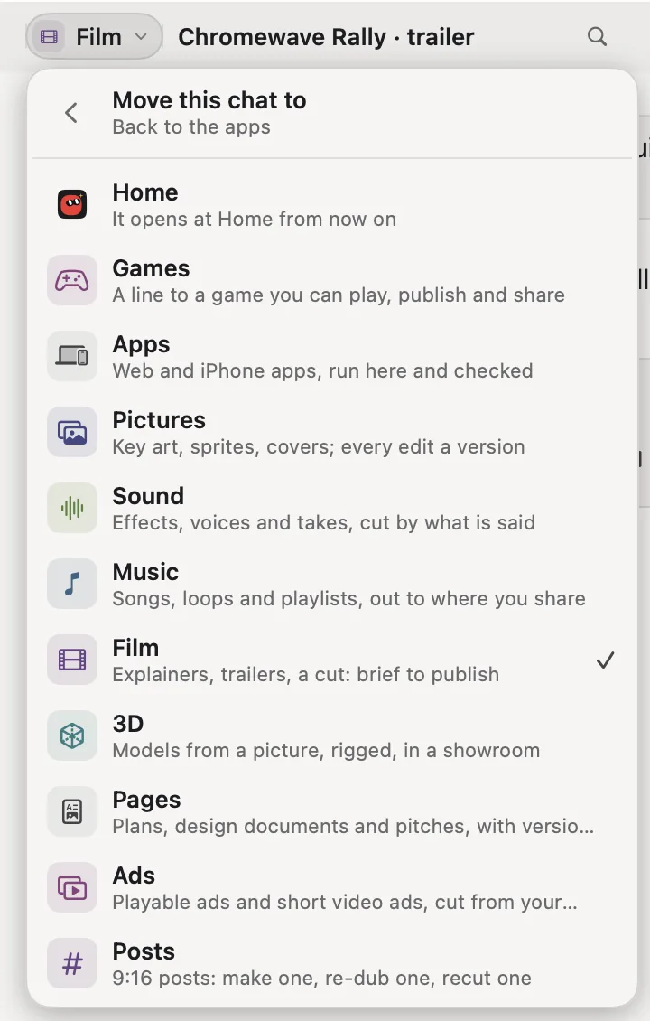 The app&rsquo;s list on a Chromewave Rally trailer chat in Film, open on Move this chat to: Home, which it opens at from now on, then every app with its line, Games, Apps, Pictures, Sound, Music, Film, ticked, 3D, Pages, Ads and Posts.