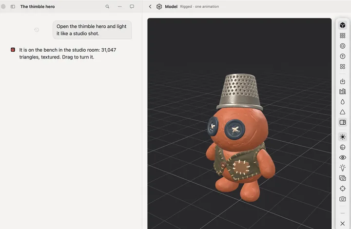 The 3D workspace beside its chat. Asked to open the thimble hero and light it like a studio shot, Robin answers that it is on the bench in the studio room, 31,047 triangles, textured. On the bench, Thimble & Clay’s hero, a round clay figure in a silver thimble hat with button eyes and a patched waistcoat, rigged with a walk, on a grid floor, with its tools down a rail.