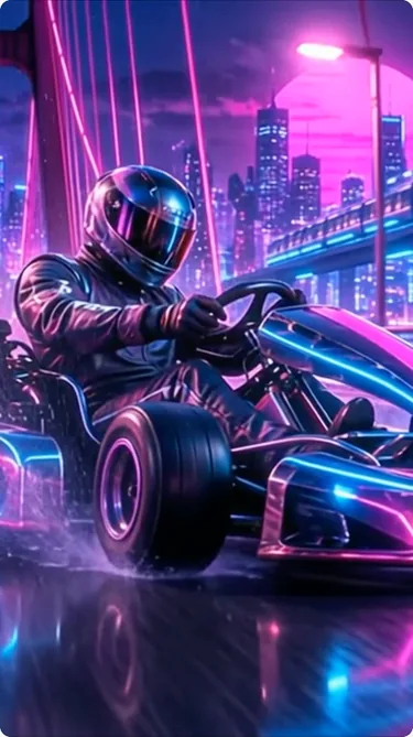 Chromewave Rally’s trailer cut 9:16 for an ad: a racer in a neon kart under the bridge’s pink lights.