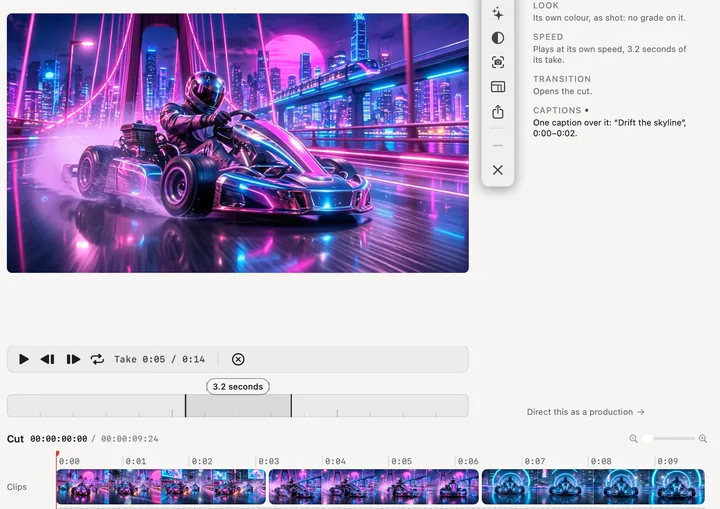The film workspace: Chromewave Rally’s trailer large, a neon kart drifting across a bridge under a pink sun, its transport at 0:05 of 0:14, and below it the cut drawn as its own frames, the corner, the bridge and the tunnel; beside it, the first clip described, its look, its speed, its transition and its caption, Drift the skyline.