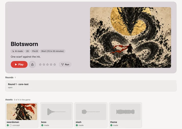The Games workspace on a finished game: Blotsworn, its key art of a small swordsman in a red scarf facing a serpent of ink under a gold moon, Play beside its name, its round, and what it made: the swordsman, a boss hit, a slash and its theme, each sound drawn as its waveform.