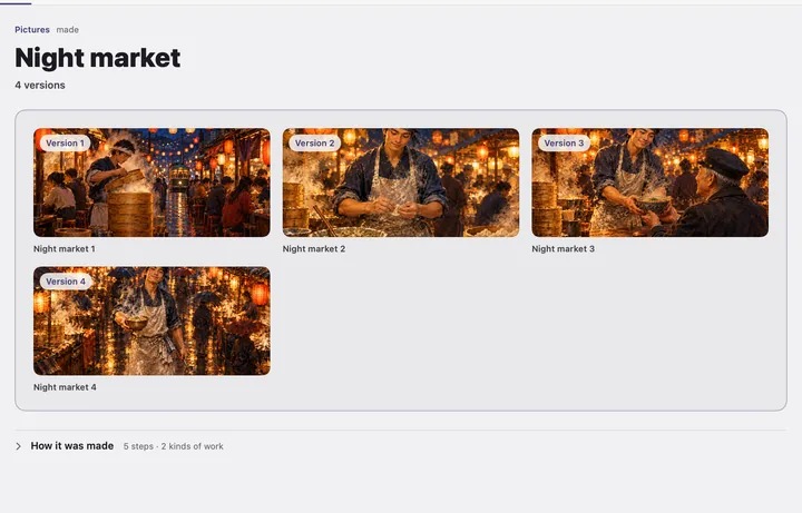 What a pictures run made: four pictures of Dumpling Row’s night market, a cook in a cloud of steam under paper lanterns, side by side as a contact sheet, with How it was made folded under them.