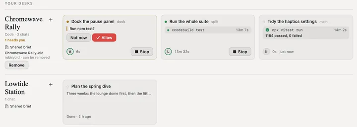 The Chromewave Rally desk on Home: three Claude Code sessions in worktrees of one repository, one asking to run npm test with Not now and Allow, one running xcodebuild test for 13 minutes, one finished with 1184 tests passed, and an old worktree marked can be removed with Remove.