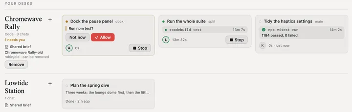 The Chromewave Rally desk on Home: three Claude Code sessions in worktrees of one repository, one asking to run npm test with Not now and Allow, one running xcodebuild test for 13 minutes, one finished with 1184 tests passed, and an old worktree marked can be removed with Remove.