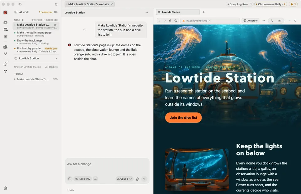 Robin's window: the answer that says Lowtide Station's website is up, and the page open beside it in Robin's own browser at a local address, its domes on the seabed under glowing jellyfish, with Annotate in the browser's bar.
