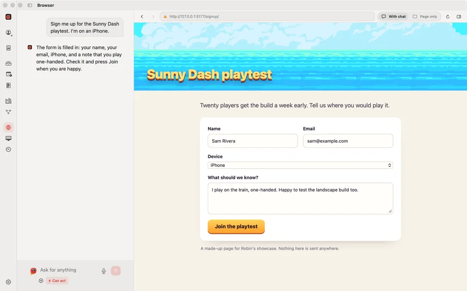 Robin's window: asked to sign up for a playtest, Robin has filled in the form in its own browser with a name, an email, iPhone and a note, and says to check it and press Join. The composer shows Can act.