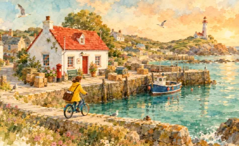 Watercolour: a harbour village under a lighthouse, a white cottage with a red roof, boats at the quay, and the postal carrier in a yellow raincoat riding along the harbour lane.