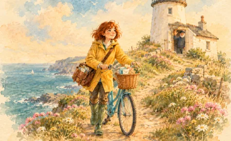 Watercolour: the carrier pushing her blue bicycle up a clifftop path of wildflowers to the lighthouse, a parcel in the basket.