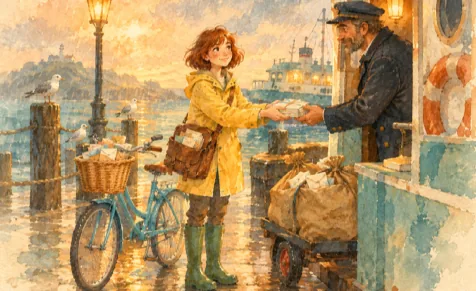 Watercolour: on the rainy ferry dock at dusk, the carrier handing a stack of letters to the ferry captain beside a cart of mail sacks.