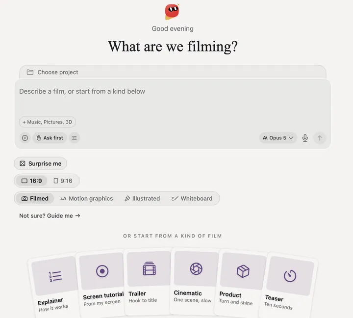 Film&rsquo;s first screen: What are we filming? over the composer, 16:9 or 9:16, the looks Filmed, Motion graphics, Illustrated and Whiteboard, and the kinds of film to start from, Explainer first, then Screen tutorial, Trailer, Cinematic, Product and Teaser.