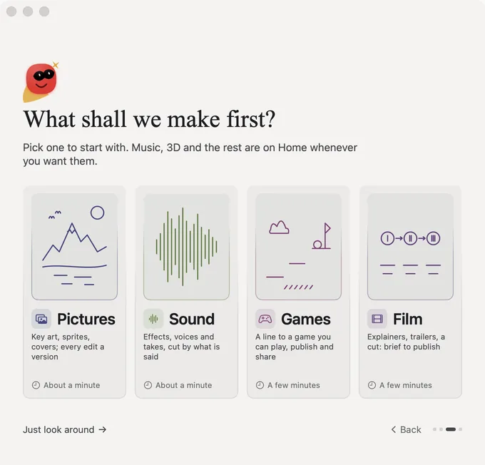 Robin&rsquo;s first window, its third step: What shall we make first? Four starters, Pictures, Sound, Games and Film, each with what it makes and how long it takes, about a minute or a few minutes, with Just look around and Back below.