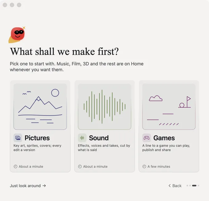 Robin&rsquo;s first window, its third step: What shall we make first? Three starters, Pictures, Sound and Games, each with what it makes and how long it takes, about a minute or a few minutes, with Just look around and Back below.