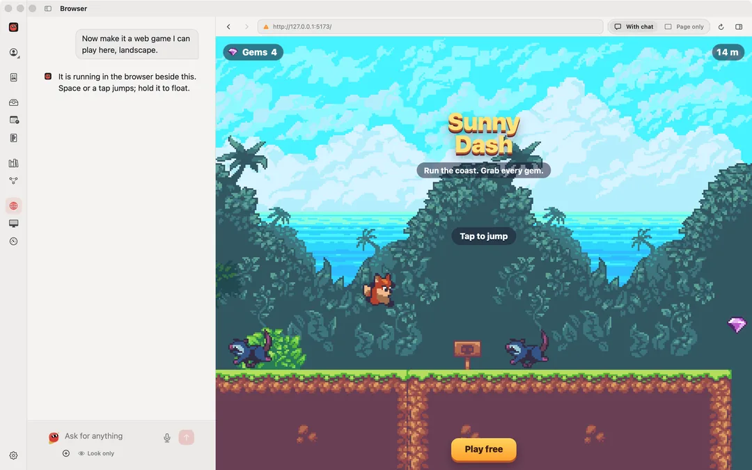 Robin's window: on the left, the request to make a web game and Robin's answer; on the right, the game running in Robin's browser, a pixel-art fox running along a grassy coast collecting gems.