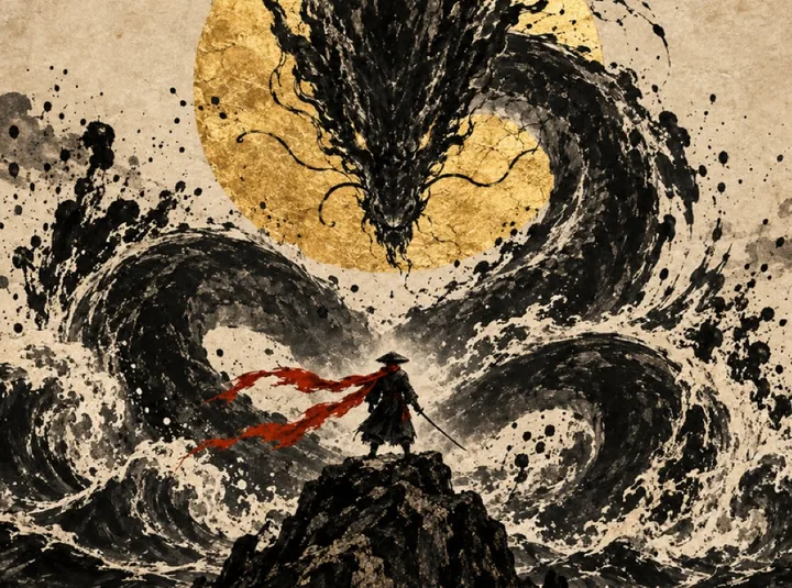 Blotsworn&rsquo;s key art: a swordsman in a red scarf on a rock, under a gold moon and a serpent of ink rising out of the waves.