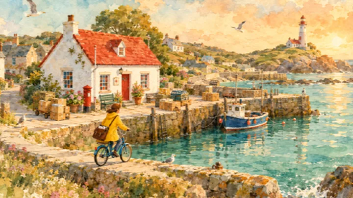 Kettle Cove Post: a carrier in a yellow coat cycling the harbour lane past a red-roofed cottage, boats and a lighthouse beyond, in watercolour.