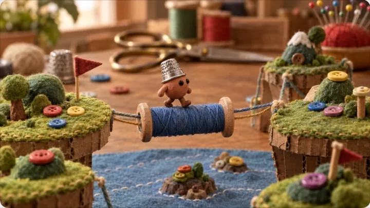 Thimble & Clay: a clay figure in a thimble hat crossing a spool bridge over felt water, button flowers and flags on the hills, scissors and spools of thread behind.