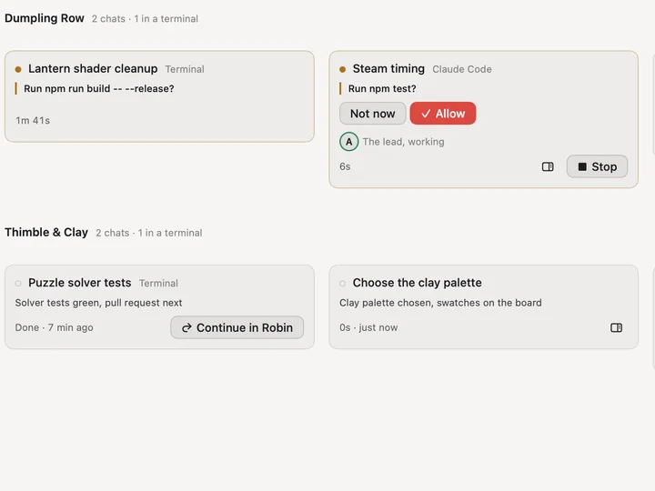 At work: chats grouped by project, Dumpling Row and Thimble & Clay, a Claude Code session asking to run npm test with Not now and Allow, a terminal session waiting, and a finished one with Continue in Robin.