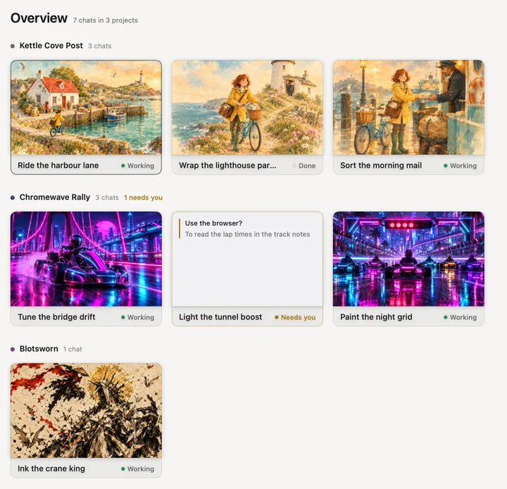 Overview: seven open chats as cards in three rows, one per project, Kettle Cove Post, Chromewave Rally and Blotsworn, each card a frame of its project and its state, Working, Done or Needs you.