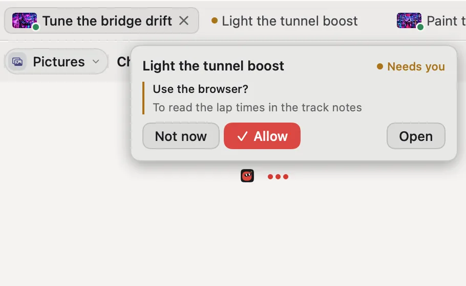 A peek: resting on a tab shows the Light the tunnel boost chat, which asks to use the browser to read the lap times in the track notes, with Not now, Allow and Open.