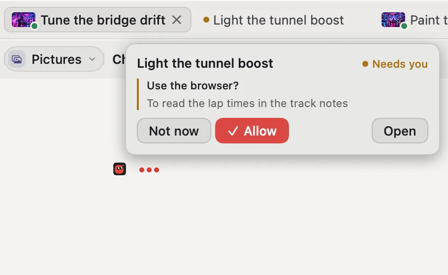 A peek: resting on a tab shows the Light the tunnel boost chat, which asks to use the browser to read the lap times in the track notes, with Not now, Allow and Open.