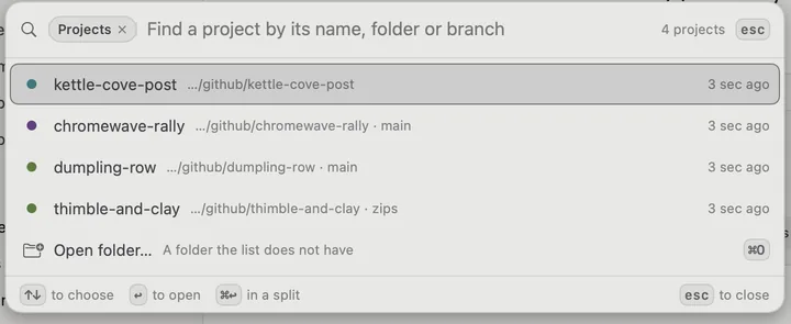 Switch project: Projects, Find a project by its name, folder or branch, four projects, Kettle Cove Post, Chromewave Rally, Dumpling Row and Thimble & Clay, each with its folder and branch, and Open folder for a folder the list does not have.