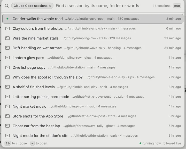 Open a Claude Code session: fourteen sessions across five projects, newest first, each with its title, folder, branch and length, Courier walks the whole road running now and followed live.