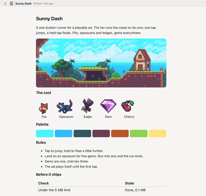 The board bench: a one-page brief for Sunny Dash with key art, the cast of sprites, a colour palette and the rules.