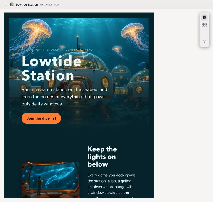 The board: Lowtide Station's website, its domes on the seabed under glowing jellyfish, the observation lounge and the little orange sub, with a button to join the dive list.