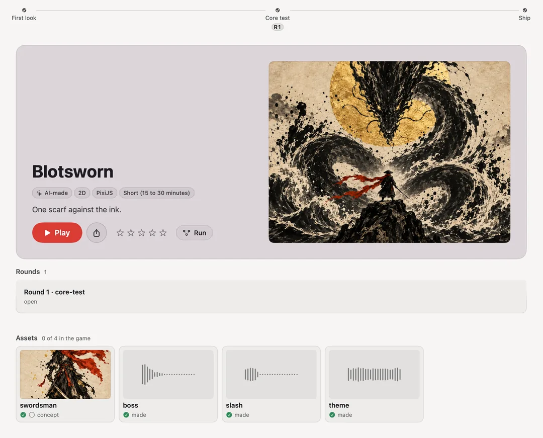 The Games workspace on a finished game: Blotsworn, its key art of a small swordsman in a red scarf facing a serpent of ink under a gold moon, Play beside its name, its round, and what it made: the swordsman, a boss hit, a slash and its theme, each sound drawn as its waveform.