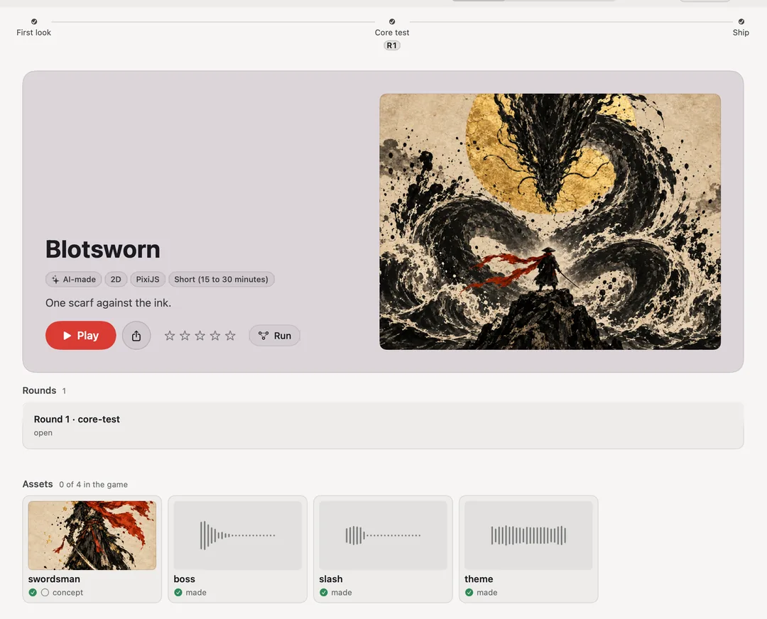 The Games workspace on a finished game: Blotsworn, its key art of a small swordsman in a red scarf facing a serpent of ink under a gold moon, Play beside its name, its round, and what it made: the swordsman, a boss hit, a slash and its theme, each sound drawn as its waveform.