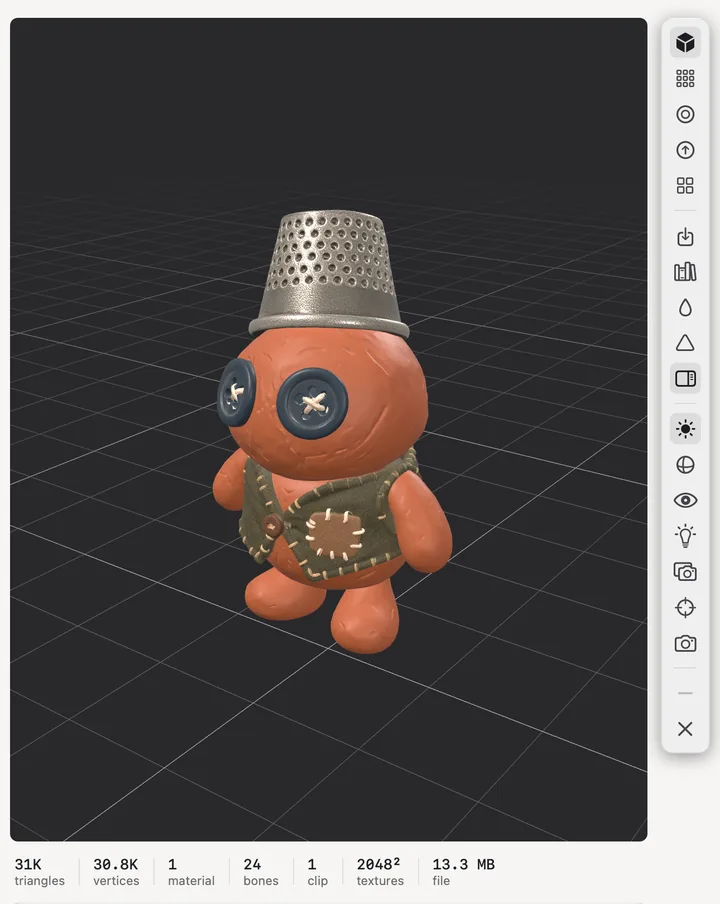 The 3D workspace: Thimble & Clay's hero, a round clay figure in a silver thimble hat with button eyes and a patched waistcoat, rigged with a walk, on a grid floor, with its tools down a rail and its triangles, vertices, bones and textures counted below.