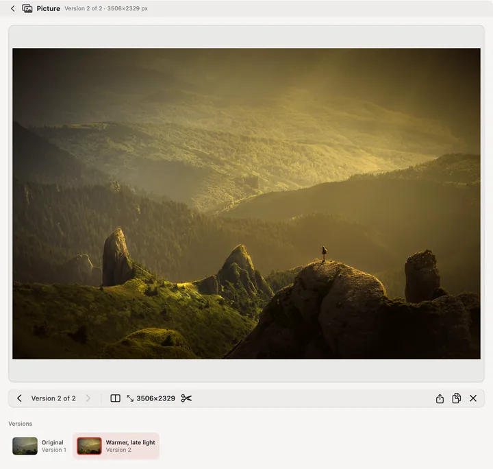 The picture bench: version 2 of a photograph of a lone figure on a rock above misty green valleys, in warm late light, with the original beside it in the strip.