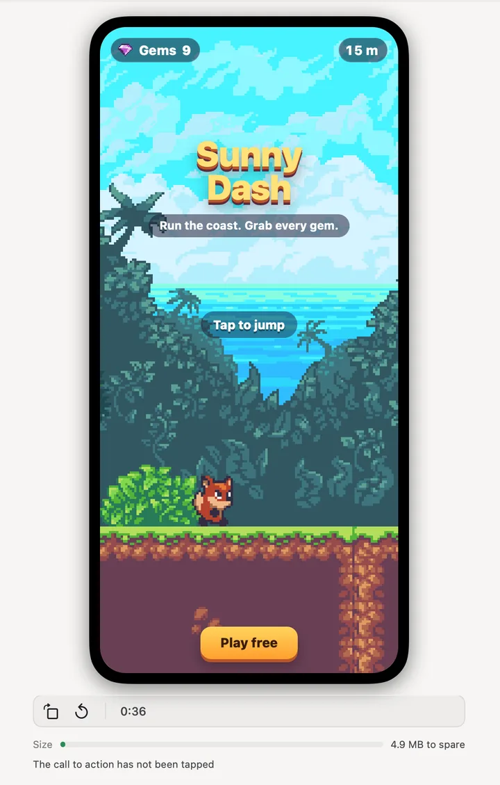 The playable bench: a phone running Sunny Dash, a pixel-art runner, with the size meter below it showing 4.9 MB to spare.