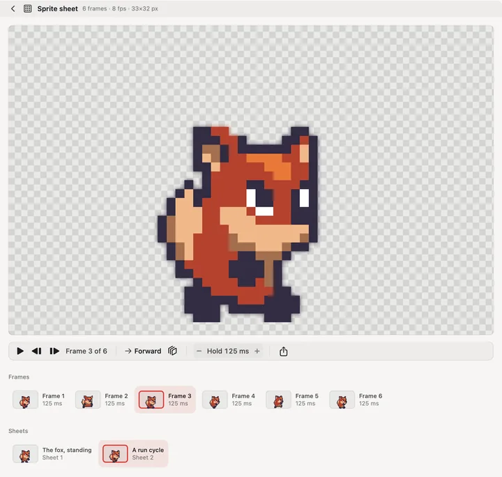 The sprites bench: a pixel-art fox, frame 3 of a six-frame run cycle, with every frame in a strip below.