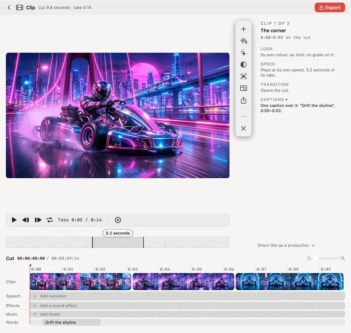 The film workspace: a frame of the Chromewave Rally trailer, neon karts drifting under a pink sun, above a cut of three pieces drawn as their own frames, the corner, the bridge and the tunnel, with lanes for narration, effects, music and captions.