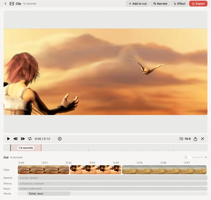 The video bench: a frame of Sintel reaching toward a small dragon against an orange sky, above a cut of three clips.