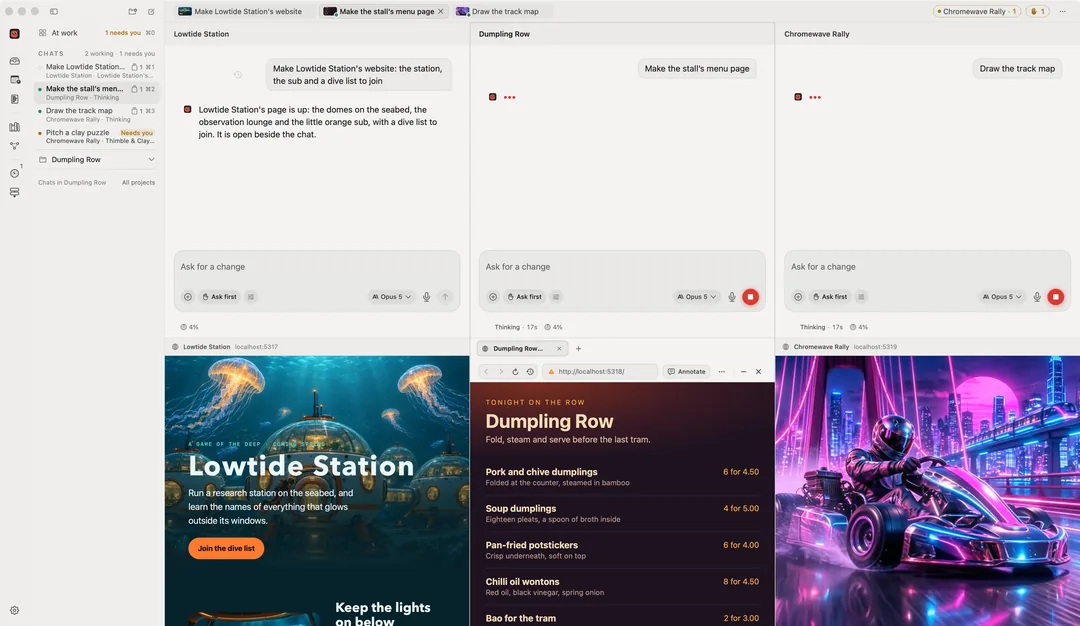 Three chats side by side, one per project, each with its own composer and its page under it: Lowtide Station&rsquo;s website with its jellyfish over the domes and Join the dive list, Dumpling Row&rsquo;s menu for tonight, and a Chromewave Rally kart on the neon bridge.