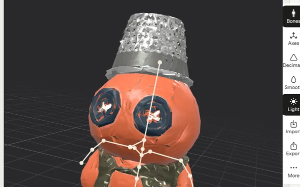 Thimble & Clay&rsquo;s hero on the 3D bench: a clay figure in a silver thimble hat with button eyes, its 24 bones drawn over it.