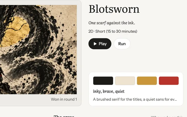 Blotsworn on the Games bench: its stages from pitch to ship, the key art on its mat, the title, One scarf against the ink, Play and Run, and its look in four colours.