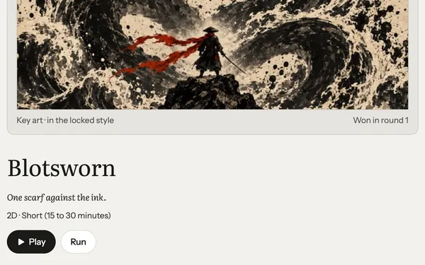 Blotsworn’s overview on the Games bench: its key art, a swordsman in a red scarf under an ink serpent, won in round 1; then Blotsworn, One scarf against the ink, 2D, Short, Play and Run.