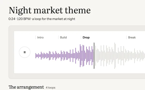 The night market theme on the Music bench, 24 seconds at 120 BPM, playing through its Drop, and its arrangement of four loops.