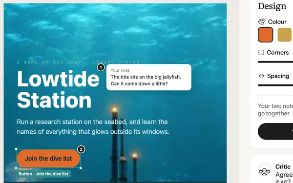 Lowtide Station&rsquo;s website on the Pages bench: its title over the seabed, a note asking for the title to come down a little, and the dive list&rsquo;s button.