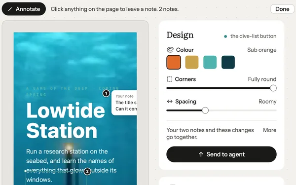 Lowtide Station’s website on the Pages bench: Annotate, the page with two numbered notes and the dive-list button picked, and Design with its colours, corners and spacing.